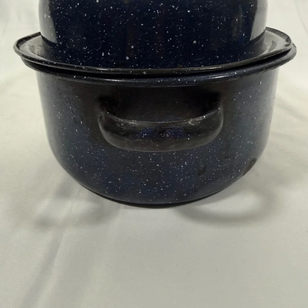 Vintage Enamelware Roaster Pan Large Blue White Speckled Oval Lidded Pot 15 Inch